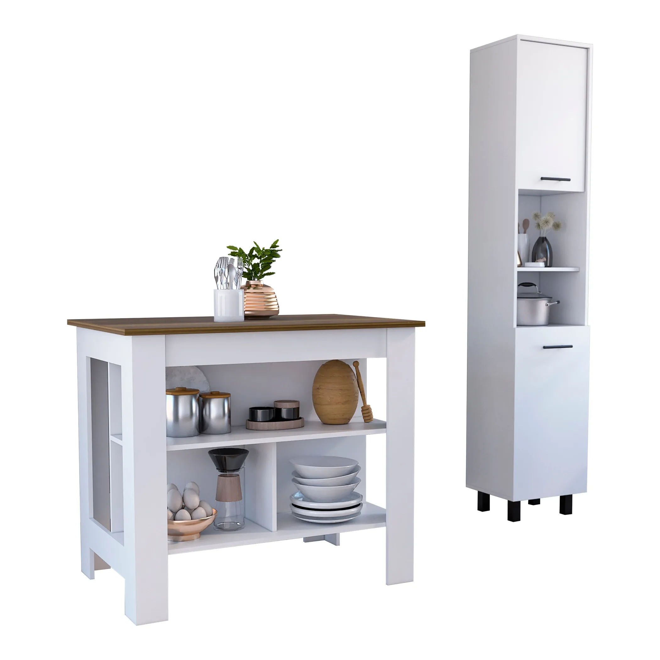 Bộ bếp Houston 2 món: đảo bếp và tủ đựng thực phẩm, màu trắng phối gỗ óc chó - Ảnh 2