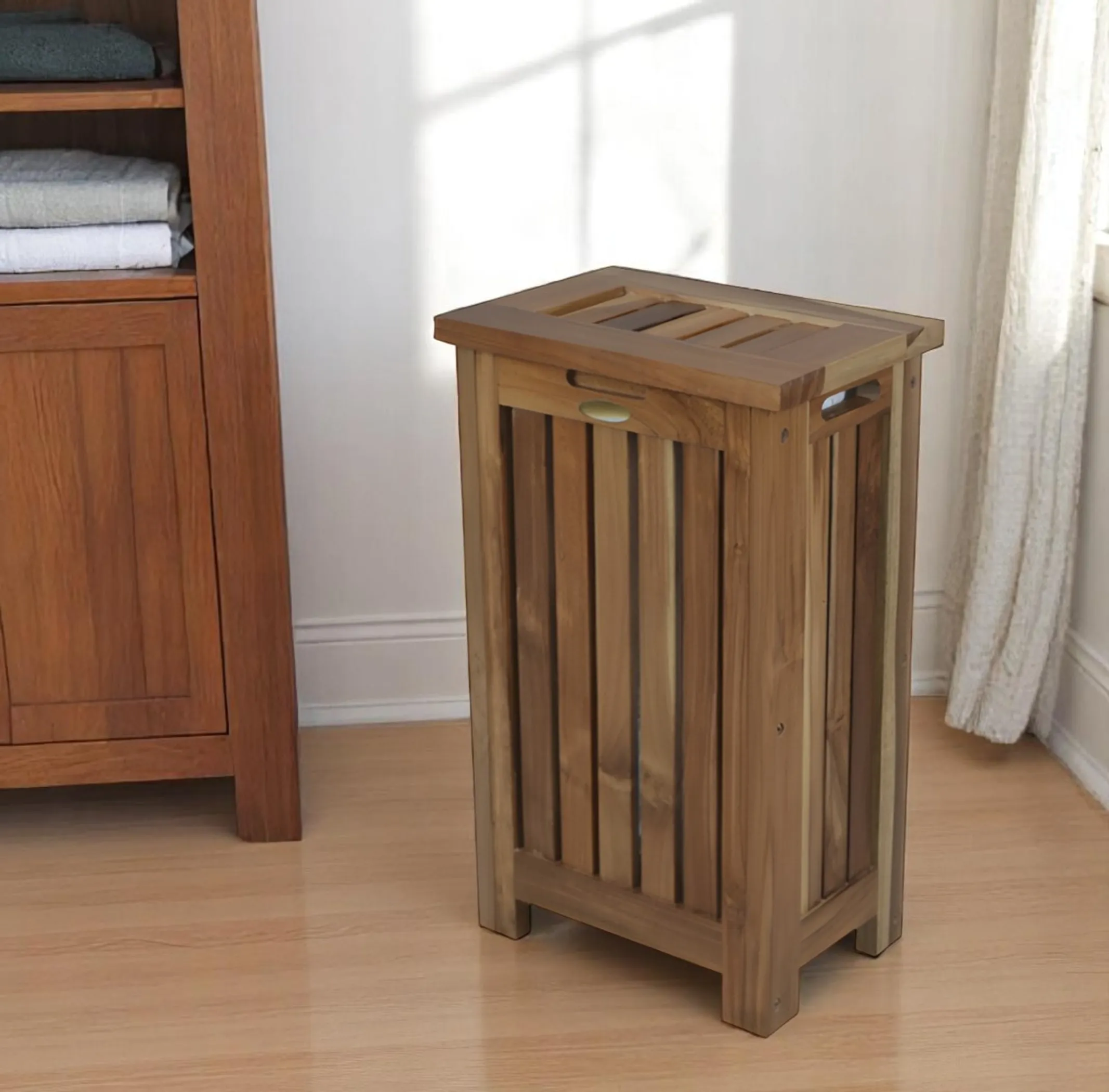 Giỏ đựng đồ giặt gỗ tự nhiên màu nâu 61cm có nắp - Ảnh 2