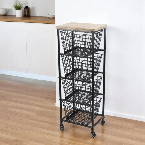 Xe đẩy lưu trữ 4 rổ kim loại và gỗ màu đen tự nhiên cao 104cm